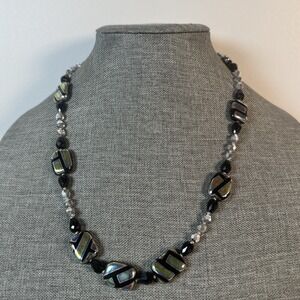 Handcrafted Silver Beads And Black Rectangular Iridescent Abalone Necklace